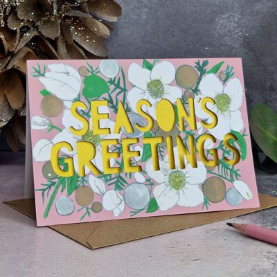 Tarjeta navideña cortada en papel metálico de Seasons Greetings