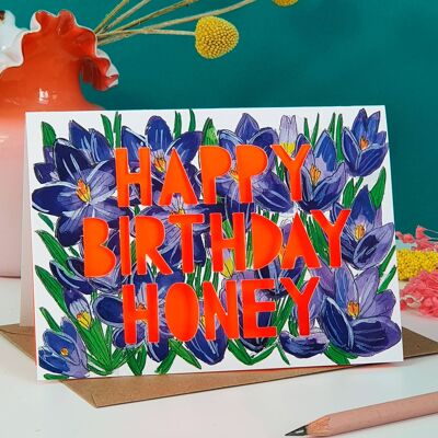 Tarjeta de cumpleaños con corte de papel de neón de Happy Birthday Honey