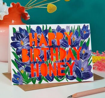 Carte d'anniversaire découpée en papier néon Happy Birthday Honey 1