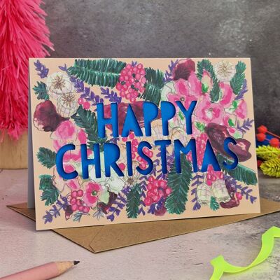 Tarjeta de Navidad cortada en papel de neón de Happy Christmas