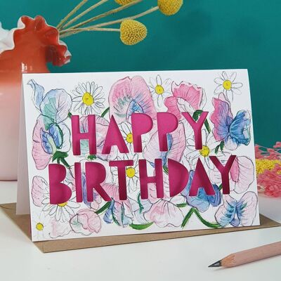 Tarjeta de cumpleaños con corte de papel de flor de nacimiento de abril
