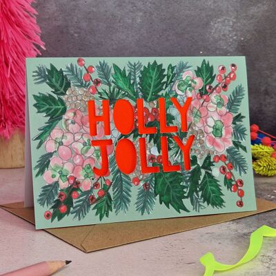 Tarjeta de Navidad con corte de papel de neón de Holly Jolly