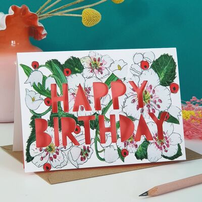 Tarjeta de cumpleaños con corte de papel de flor de nacimiento de mayo