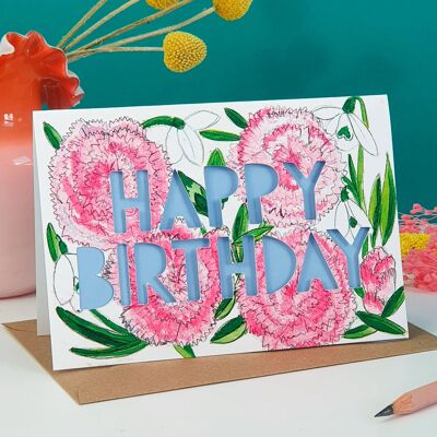 Tarjeta de cumpleaños con corte de papel de flor de nacimiento de enero
