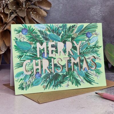 Metallic-Weihnachtskarte mit Scherenschnitt von Merry Christmas