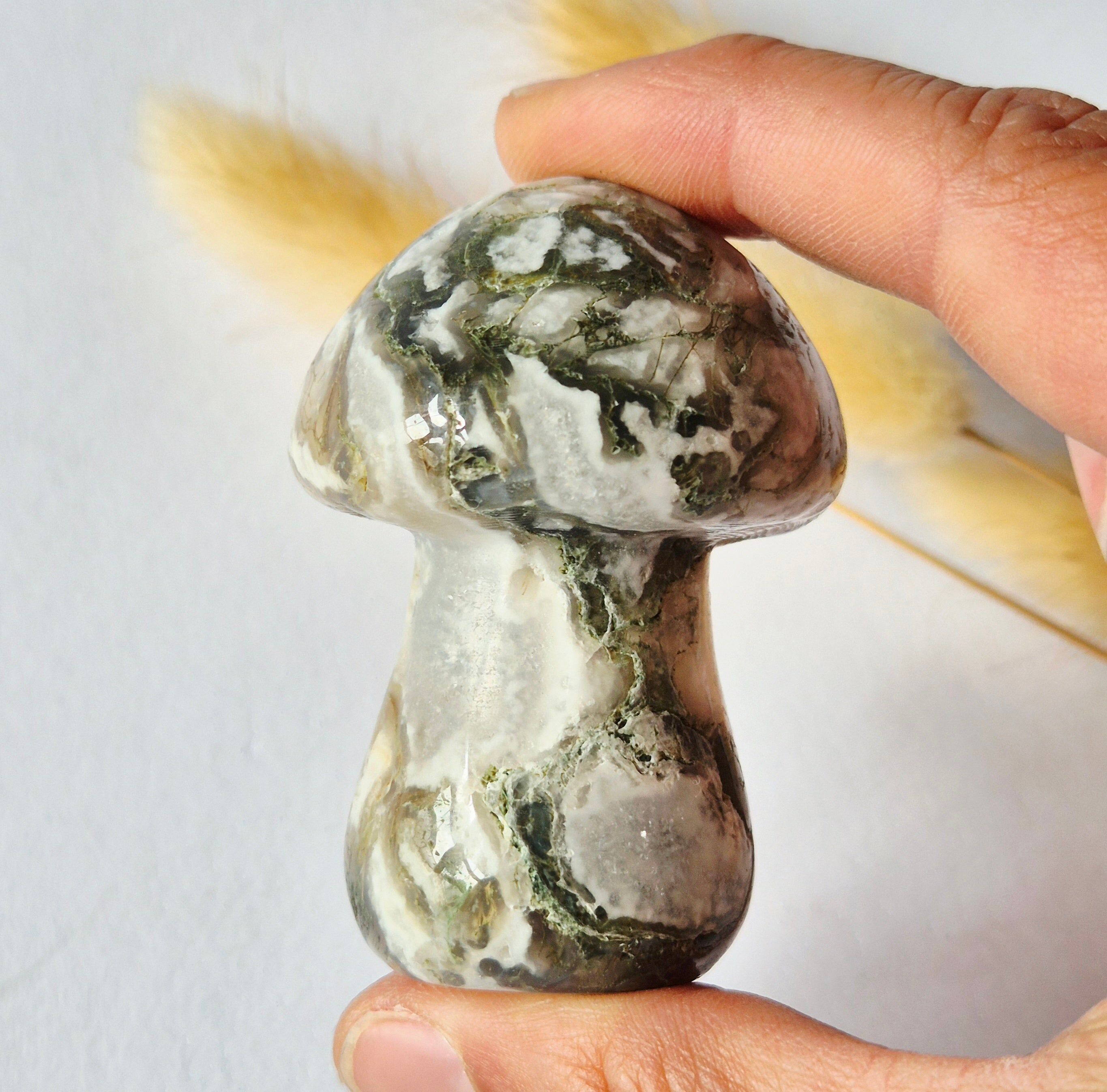 Mosagaat Paddenstoel 93g | Natuurlijke Kristal Carving | Uniek Exemplaar