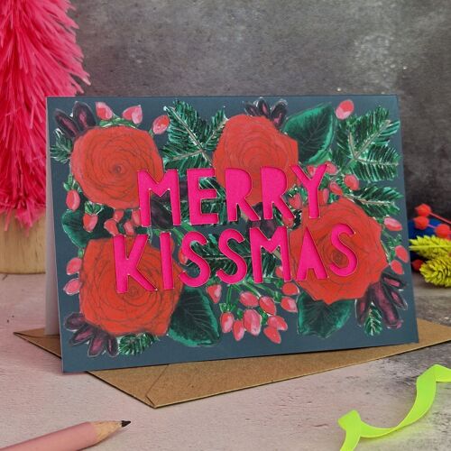 Merry Kissmas' Neon Paper Cut Christmas Card