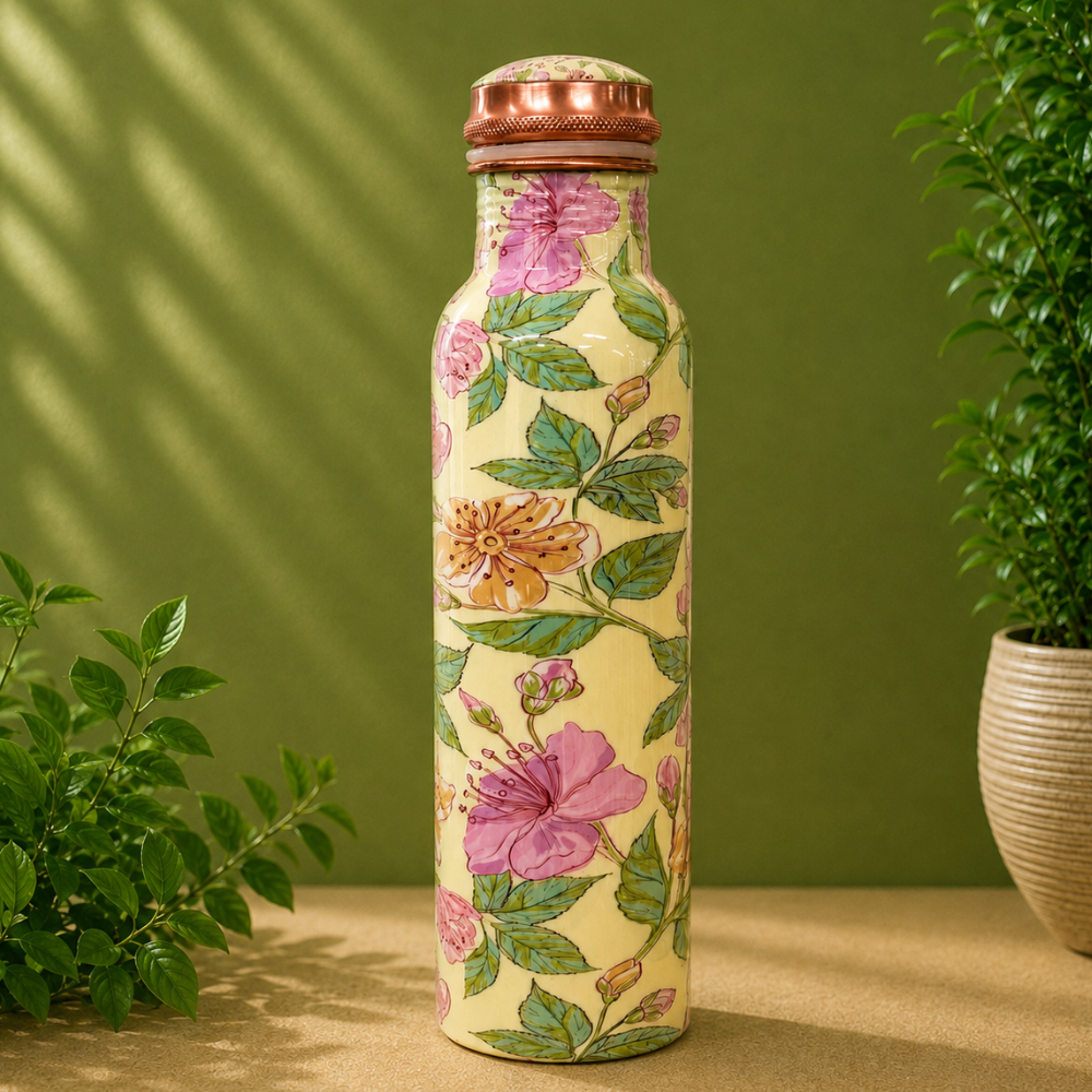 Puur koperen waterfles bloemenprint groen/rosé/crème – 1 liter/335 g (zware uitvoering, in luxe geschenkverpakking)