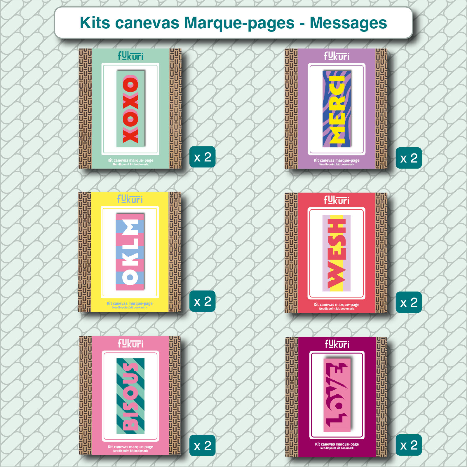 Pack implantation 12 kits DIY Canevas marque-page-MESSAGES