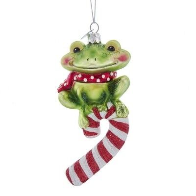 Frog on Candy Cane Glass Ornament
