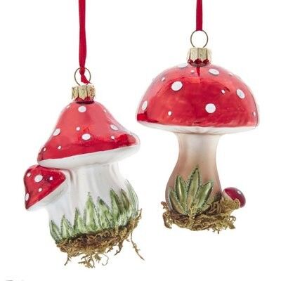 Mushroom with Glitter Glass Ornament (2 pieces)