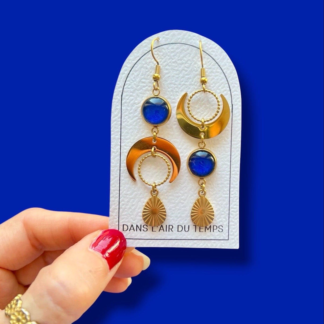 Boucles d'oreilles asymétriques lunes bleu foncé