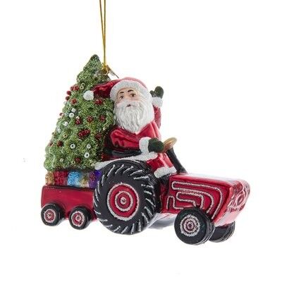 Santa on Tractor Glass Ornament