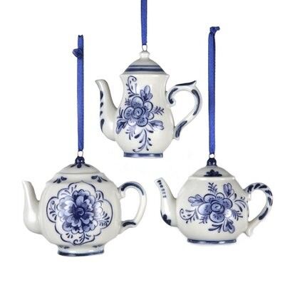 Porcelain Delft Blue Teapot Ornament (3 pieces)