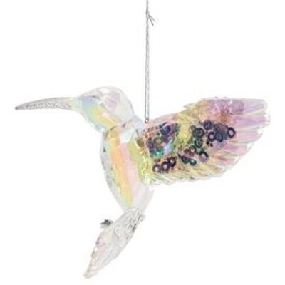 Hummingbird with Sequins White/Silver Ornament