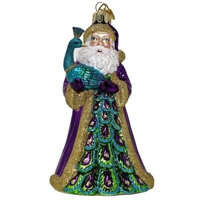 Santa With Peacock Glass Ornament