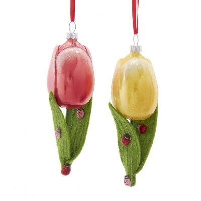 Ladybug Tulip Flower Glass Ornament (2 pieces)