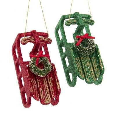 Red / Green Sled with Wreath Ornament (2 pieces)