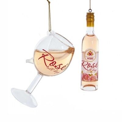 Rose Wine Bottle and Glass with Liquid Glass Ornament (2 pieces)