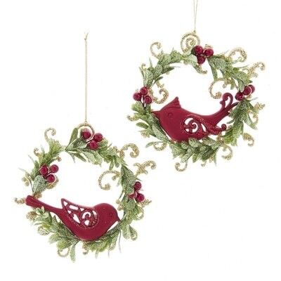 Red / Green Wreath with Bird Ornament (2 pieces)