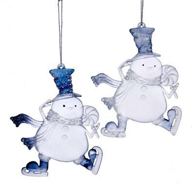 Clear Blue Ice Skating Snowman Ornament (2 pieces)