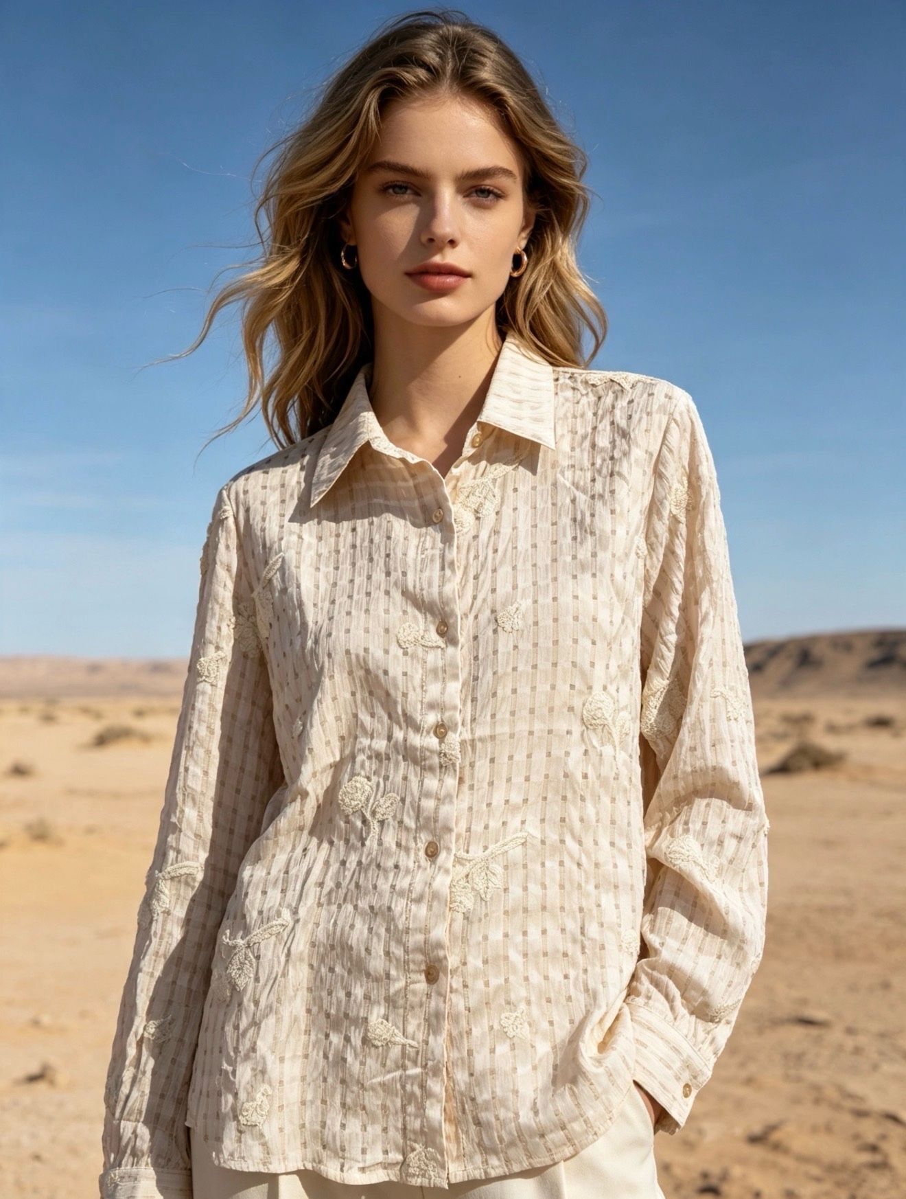 Floral embroidered shirt, textured fabric