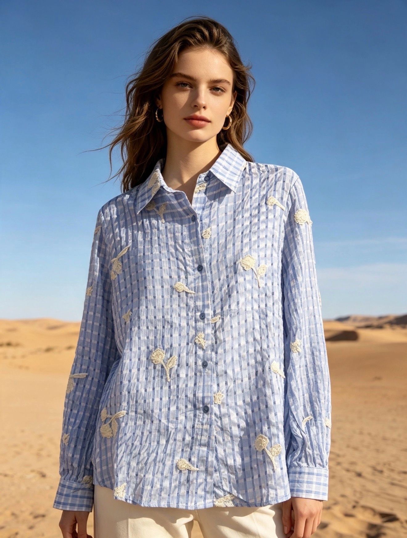 Floral embroidered shirt, textured fabric