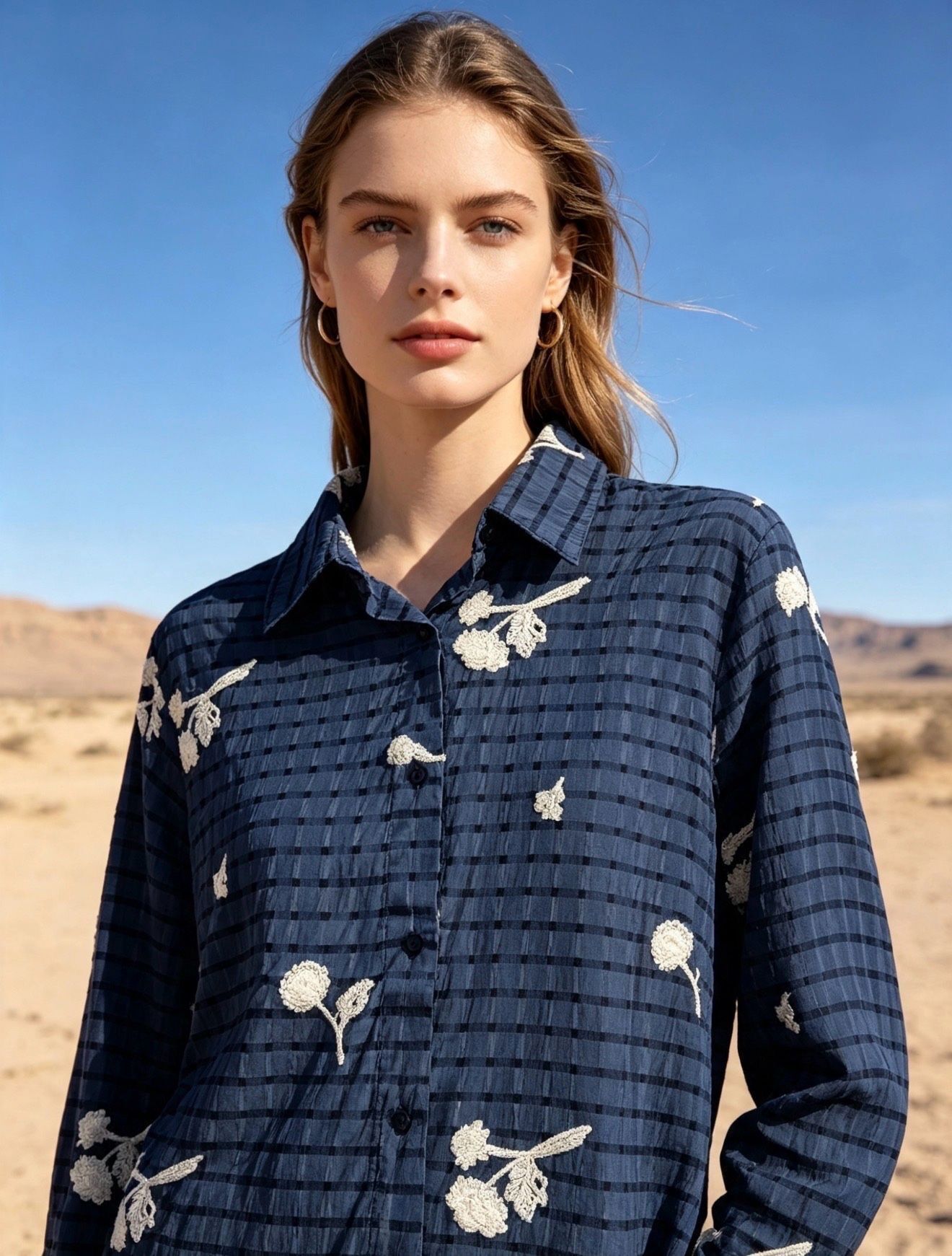 Floral embroidered shirt, textured fabric