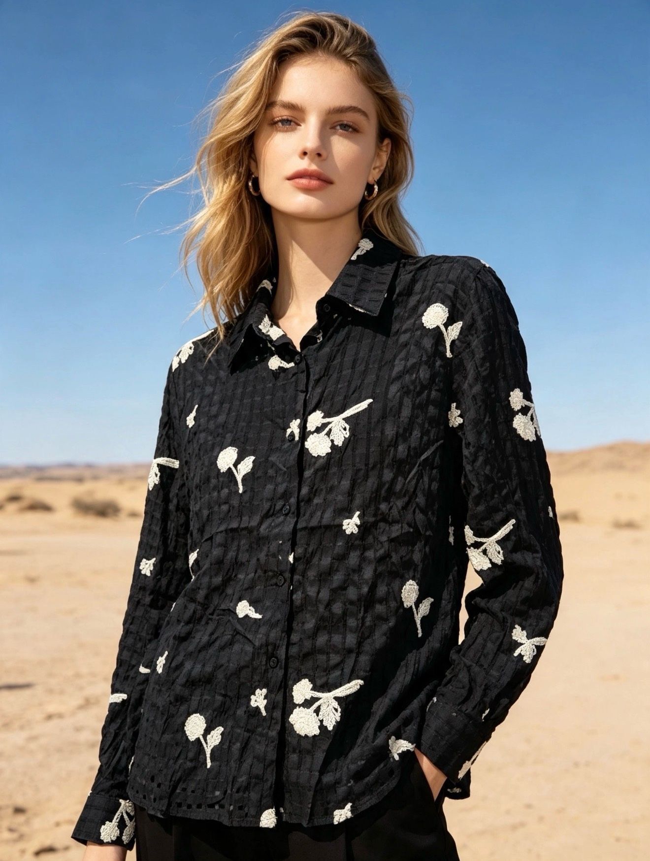 Floral embroidered shirt, textured fabric
