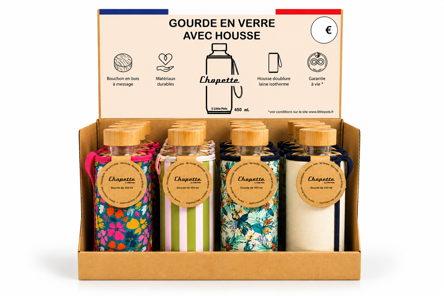 Présentoir de 16 gourdes en verre - collection été 2026