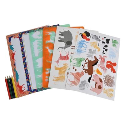 Animali - confezione doppia di stencil e matite