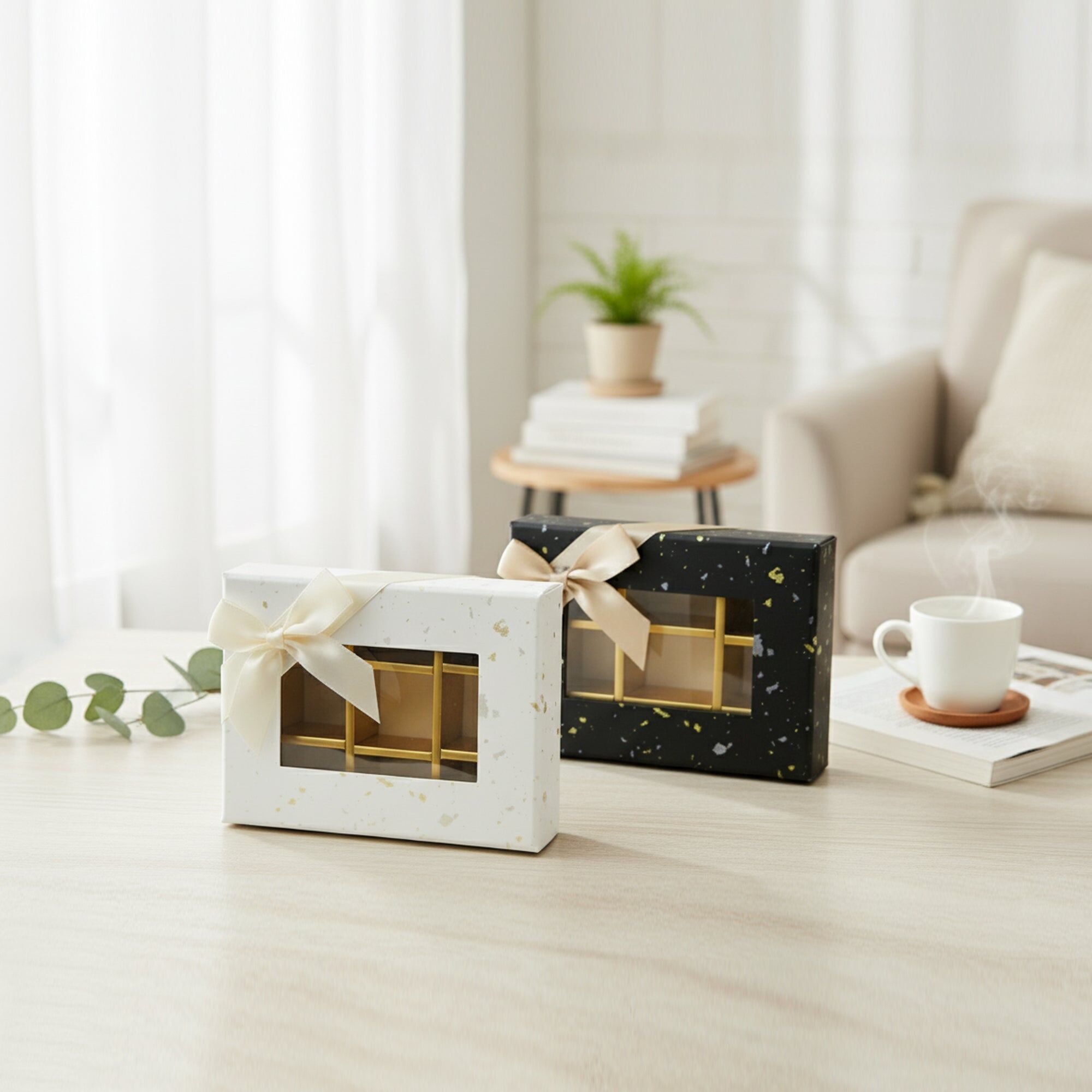 Splash Design Gift Box | Clear Window Lid & 6 Compartments | Black & Cream