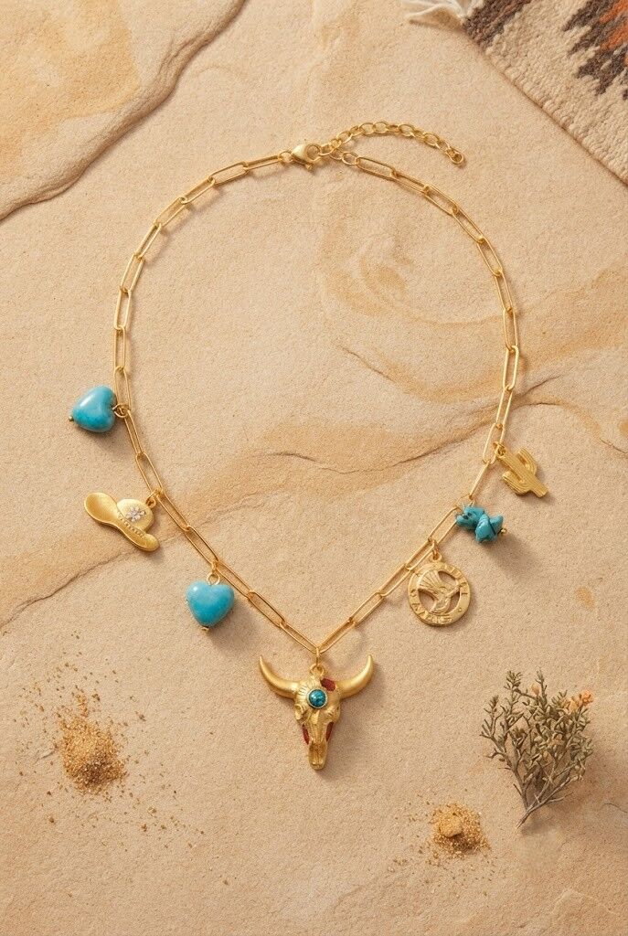 Goldene Halskette mit Anhängern im Western-Stil, türkisfarbenem Stier, Kaktushut und trendigem Edelstahl.