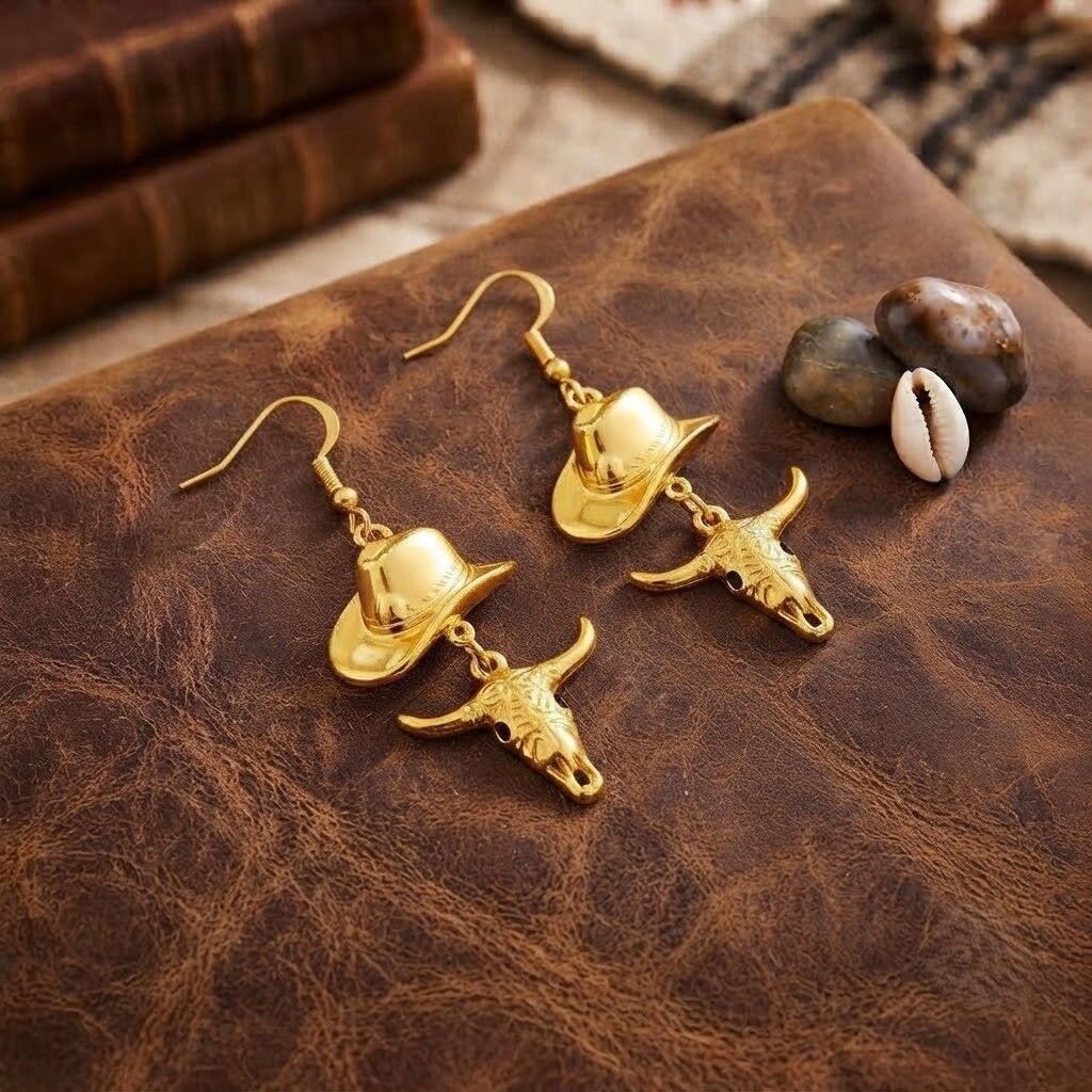Auffällige und trendige, vergoldete Western-Ohrringe mit Cowboy-Bullenmotiv aus Edelstahl