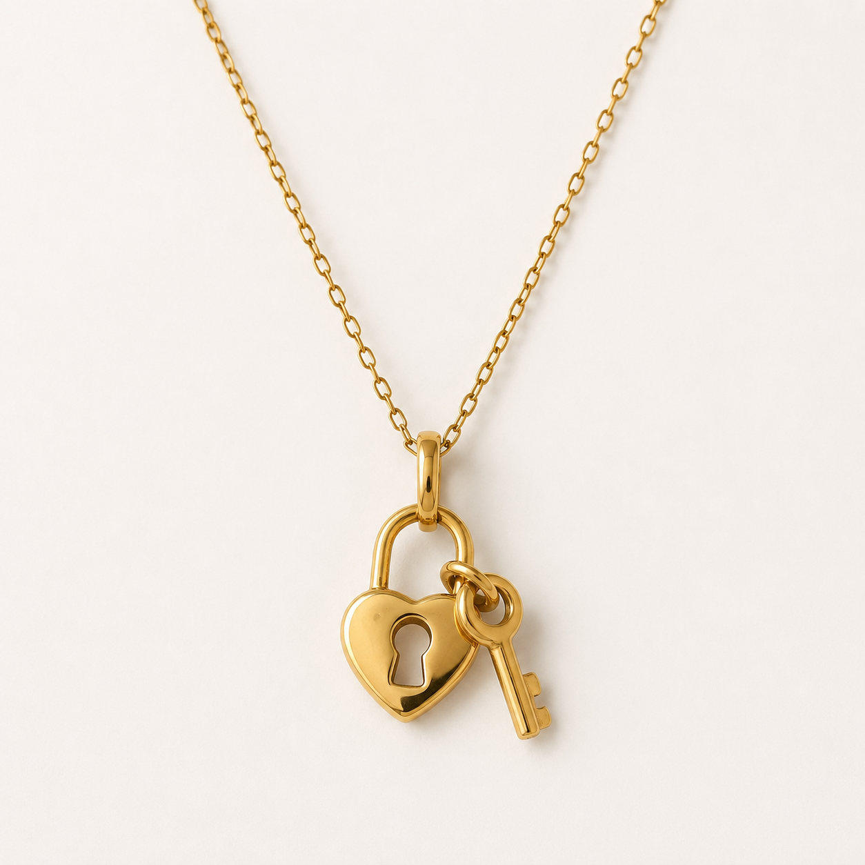 Gold Stainless Steel Heart and Key Necklace