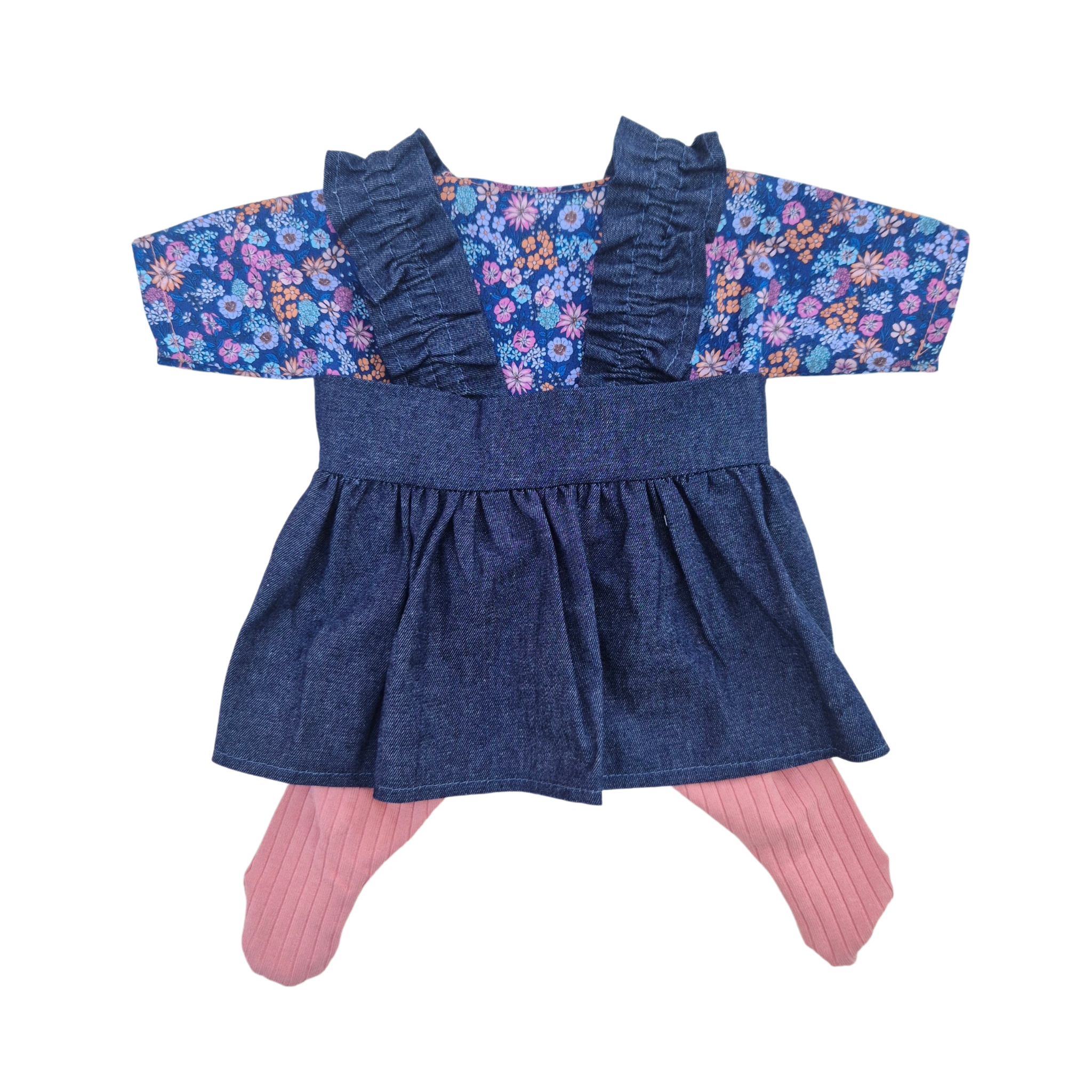 JUSTINE - robe bretelles + chemise liberty bleu + collant rose