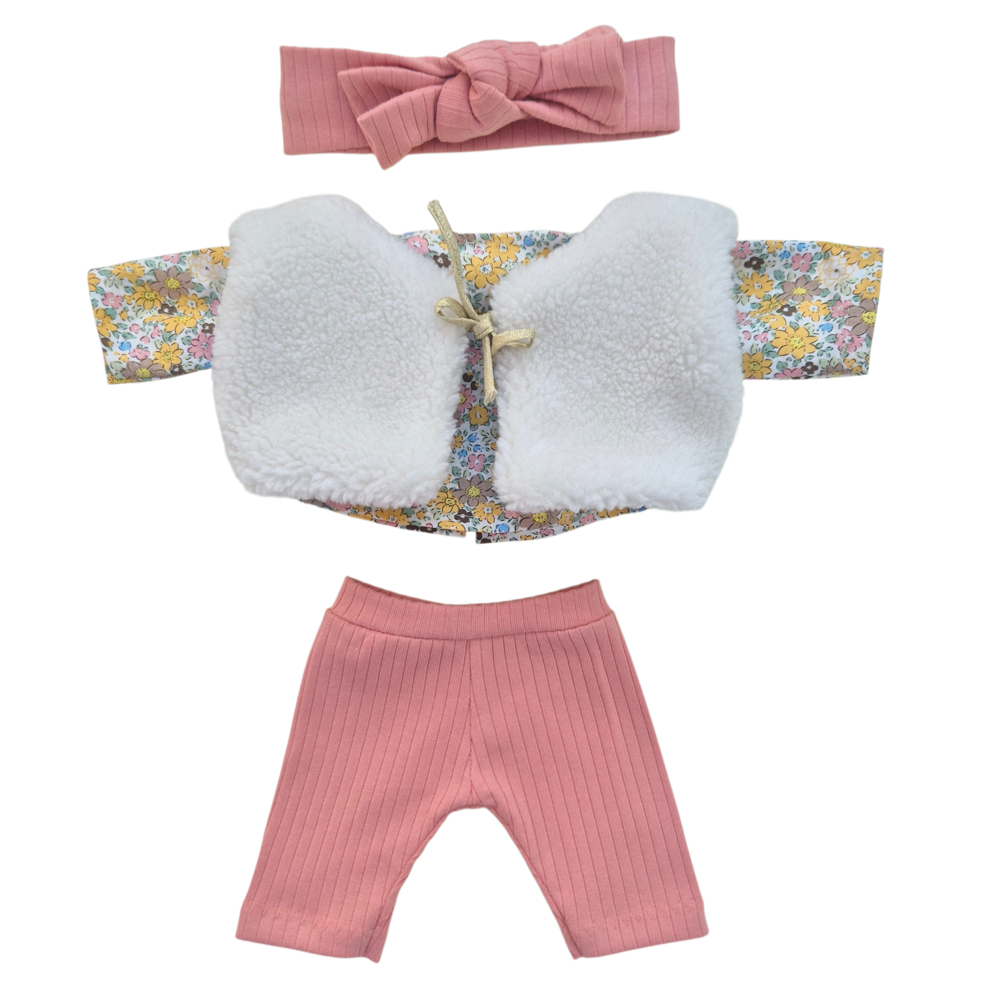 JUSTINE - Chemise liberty jaune + pantalon et bandeau rose + gilet