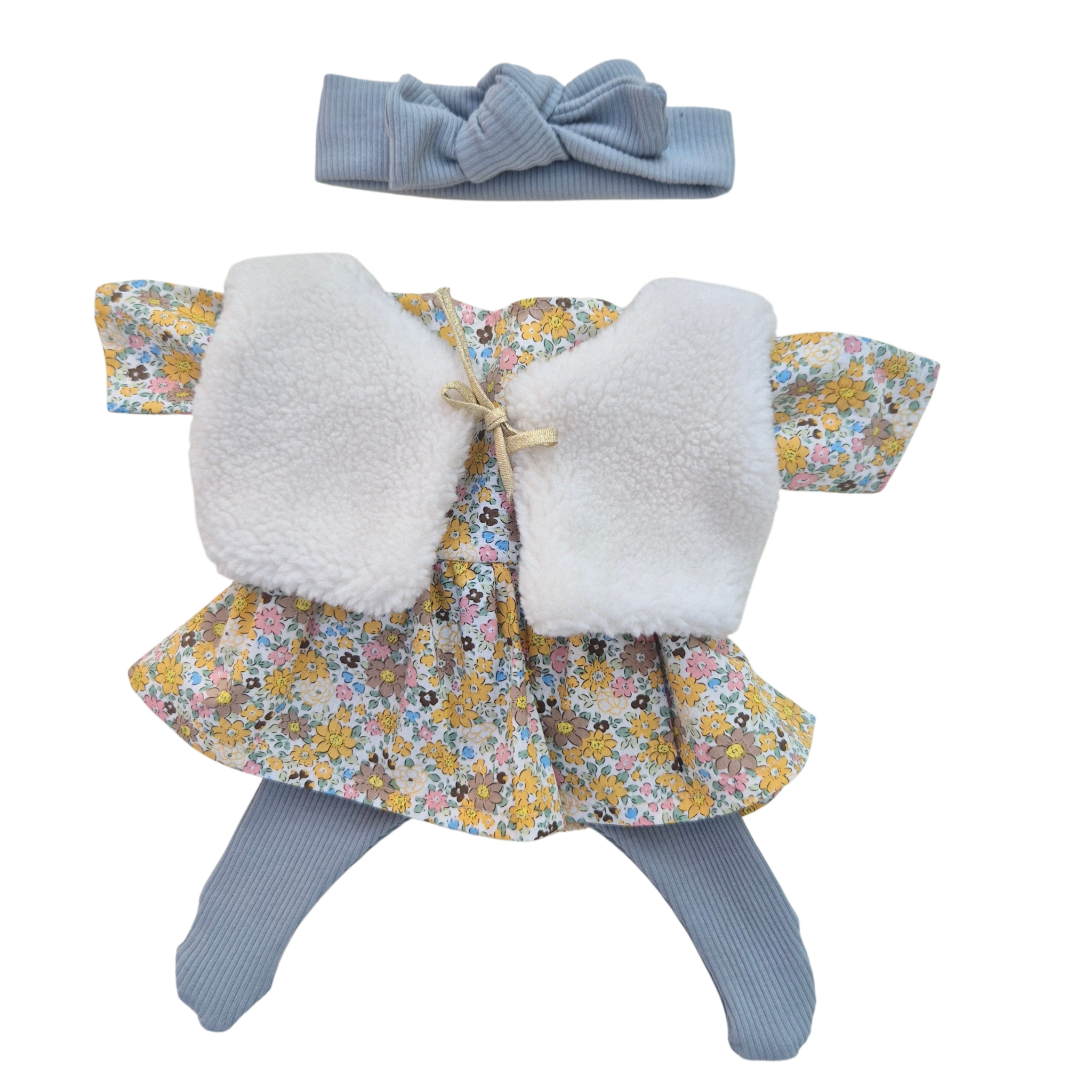 JUSTINE - robe liberty jaune + bandeau et collant bleu + gilet