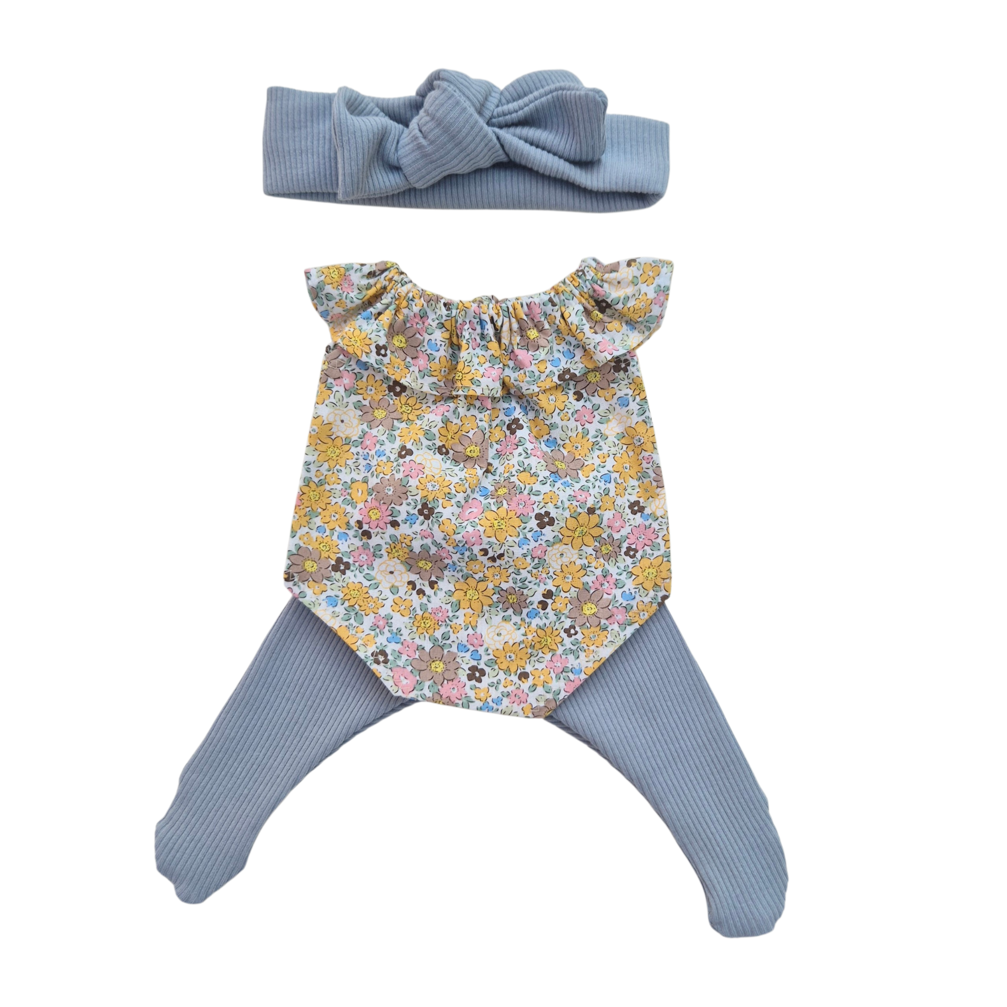 JUSTINE - Barboteuse liberty jaune + bandeau et collant bleu