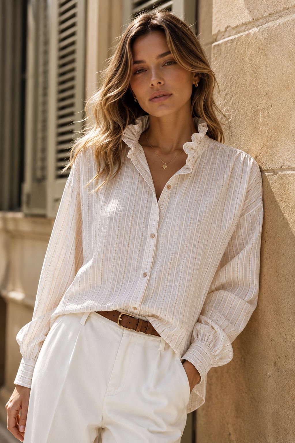 Chemise en coton à manches longues avec col mao