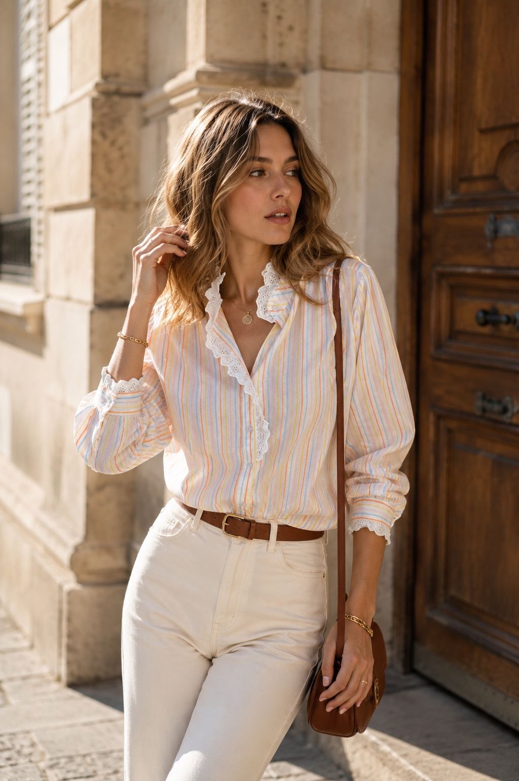 Chemise à Rayures Pastel et Volants de Dentelle