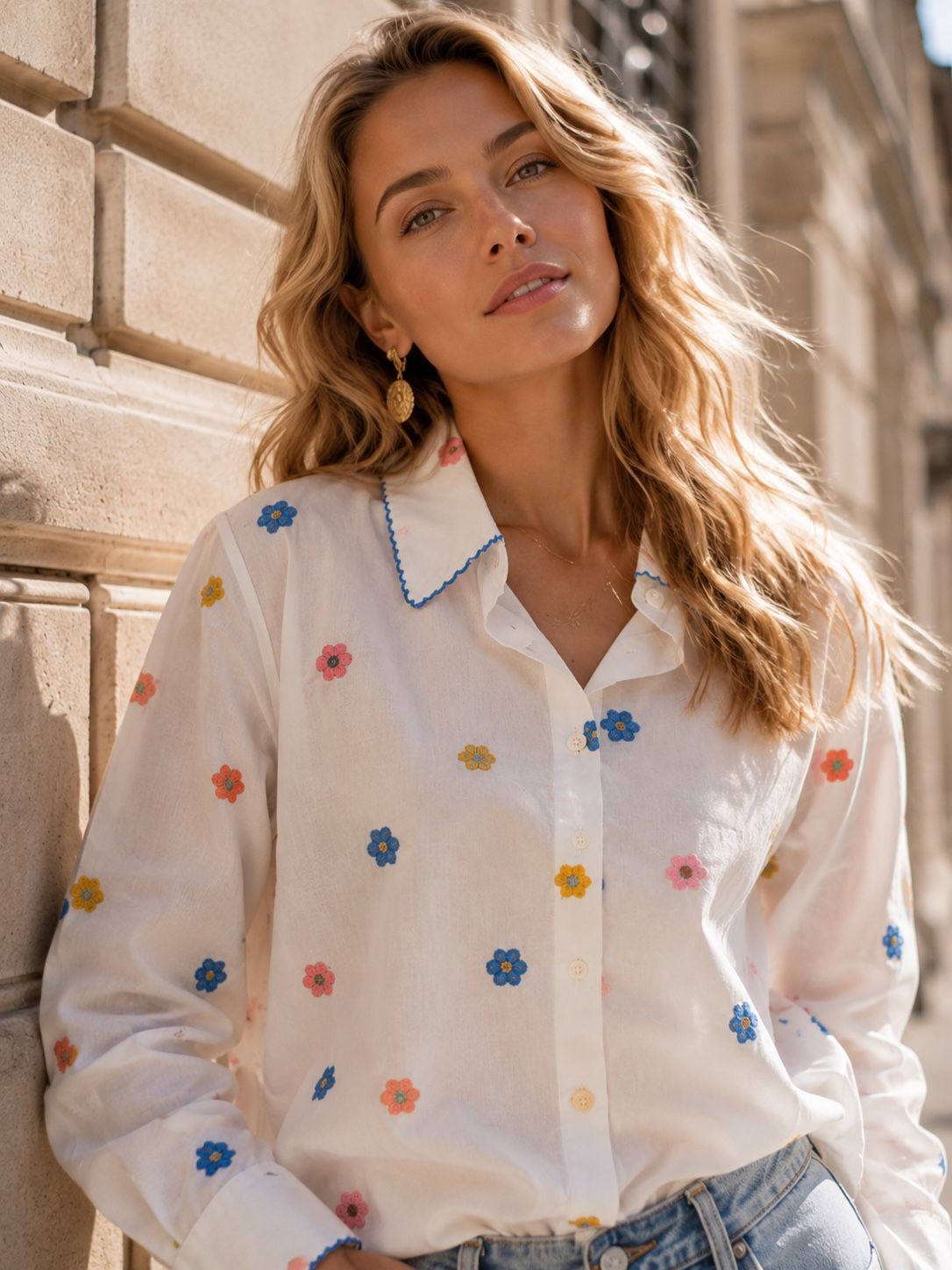 Chemise Rayée 100% Coton à Broderies Fleurs