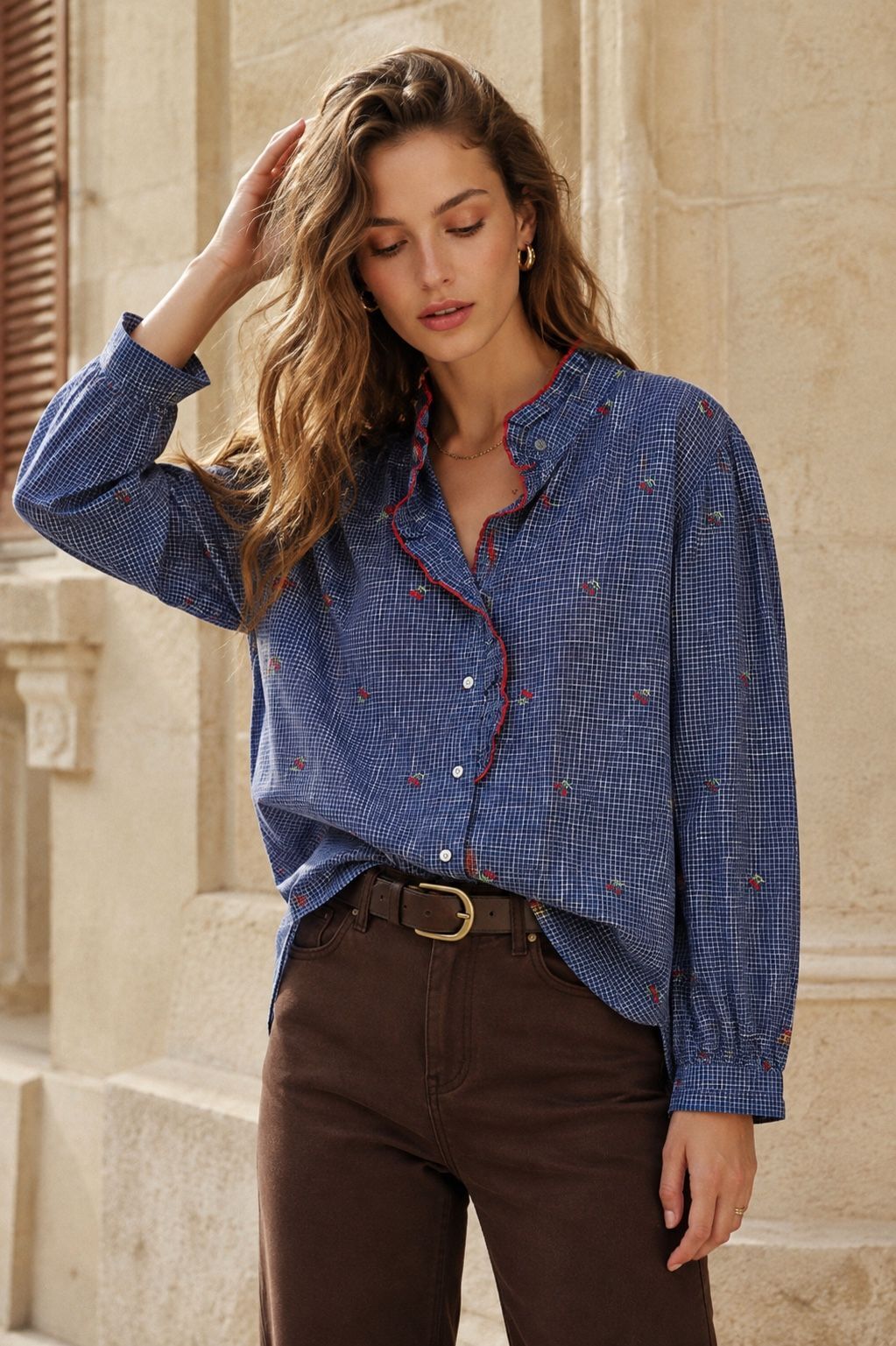 Chemise à Carreaux et Broderies Cerises | Blouse Style Paris