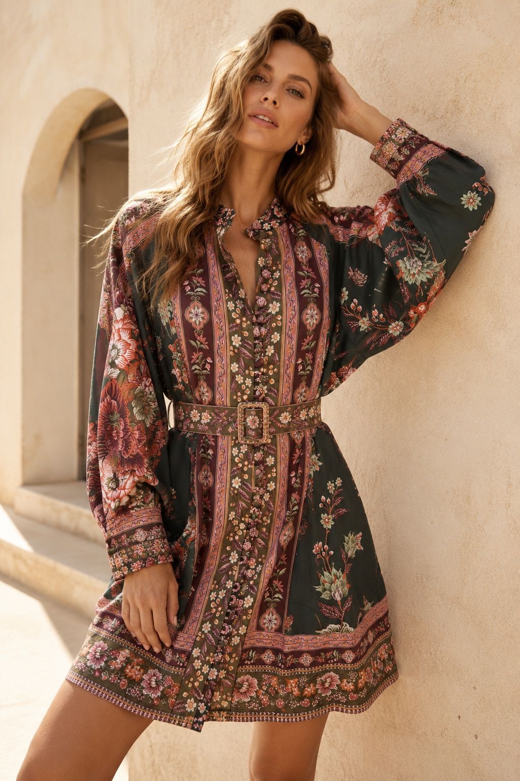Robe Courte Imprimée en Lin avec Ceinture