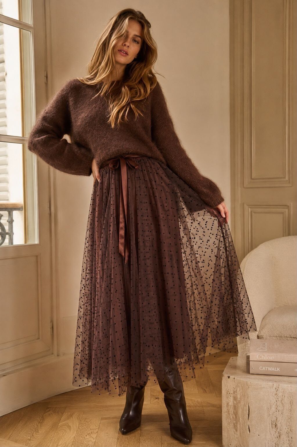 Jupe longue en tulle à pois