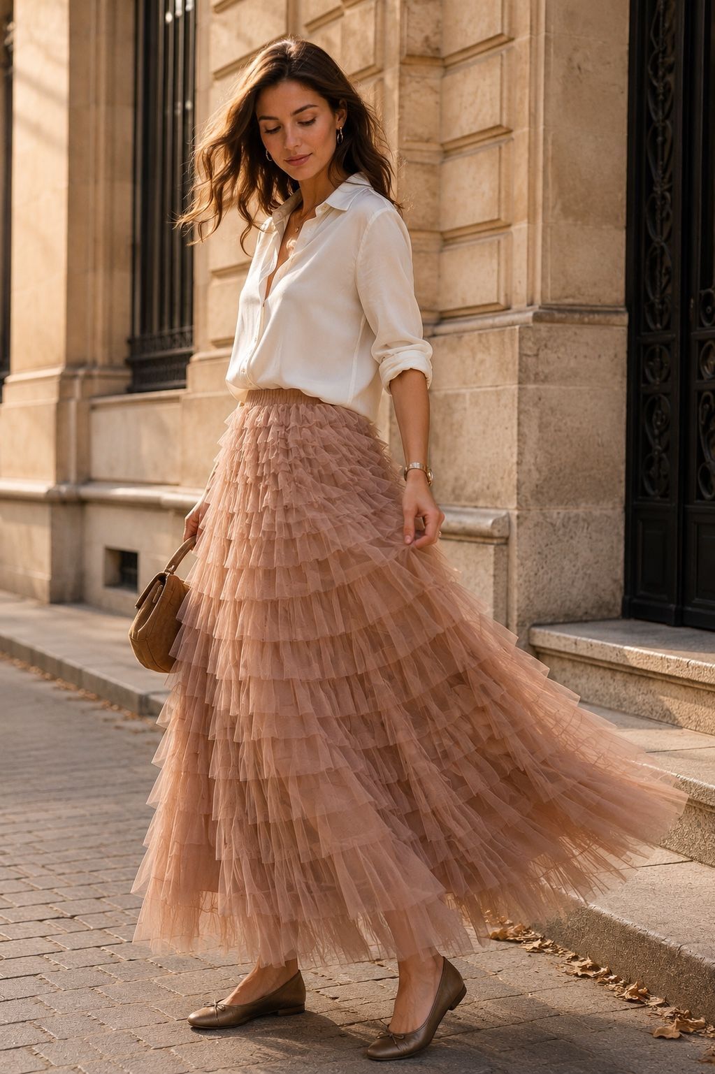 Jupe Longue en Tulle à Volants