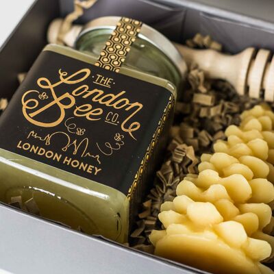 Kleine Bienenwachskerze und Londoner Honig-Geschenkbox