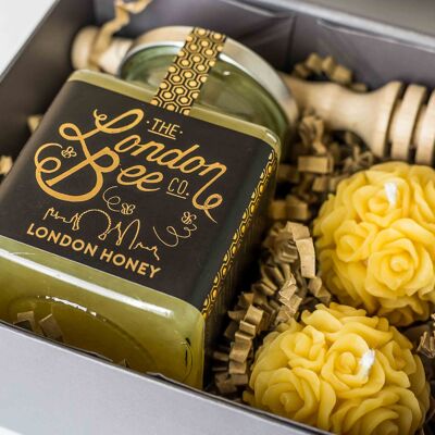 Velas pequeñas de cera de abejas y caja de regalo de miel London