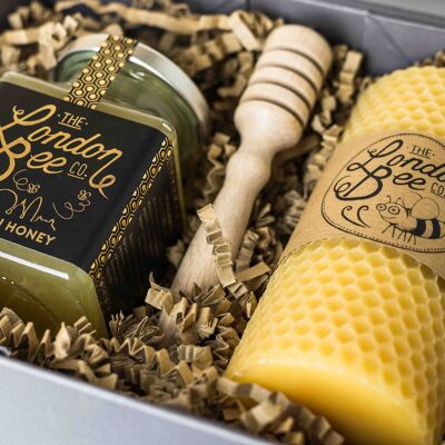 Bougie moyenne en cire d'abeille et coffret cadeau miel de Londres