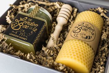 Bougie moyenne en cire d'abeille et coffret cadeau miel de Londres 1